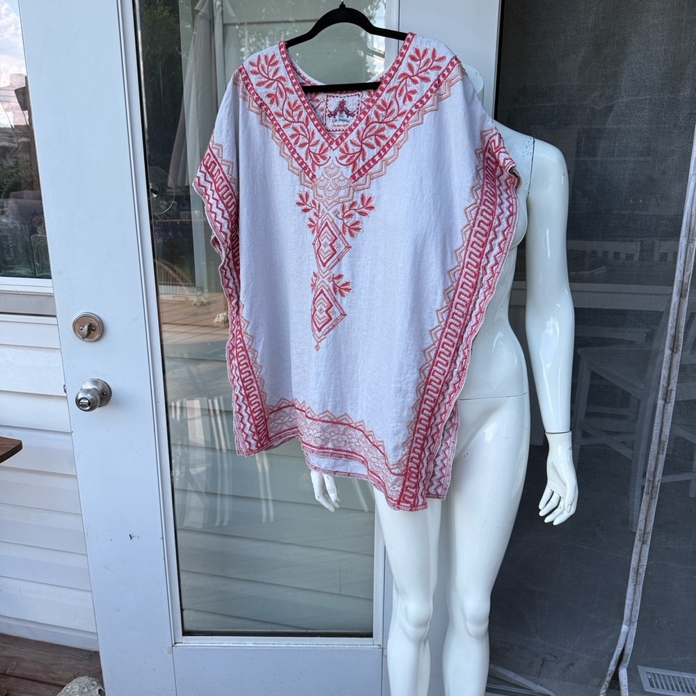 Johnny Was Los Angeles 100% Linen Embroidered Poncho Kaftan Tunic Dress O/S